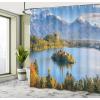 Ambesonne Fairytale Shower Curtain, Romantic Carriage Royal Ornamental Details Stopped at The Door of a Kingdom Palace Cartoon, Cloth Fabric Bathroom Set with Hooks, 69″ W x 70″ L, Yellow and Pink(Pine Blue)