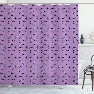 Ambesonne Cat Shower Curtain, Funky Romantic Pattern with Little Hearts Funny Jumping Black Cat Characters, Cloth Fabric Bathroom Decor Set with Hooks, 69″ W x 70″ L, Lavender Pink Black