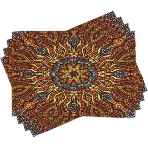Ambesonne Ethnic Place Mats Set of 4, Mosaic Like Warm Colored Design with Floral Swirls Image Print, Washable Fabric Placemats for Dining Table, Standard Size, Yellow Marigold