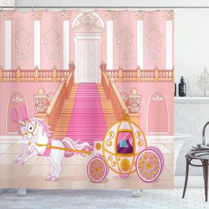 Ambesonne Fairytale Shower Curtain, Romantic Carriage Royal Ornamental Details Stopped at The Door of a Kingdom Palace Cartoon, Cloth Fabric Bathroom Set with Hooks, 69″ W x 70″ L, Yellow and Pink(Yellow and Pink)