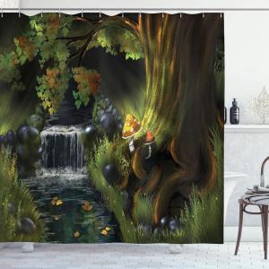 Ambesonne Fairytale Shower Curtain, Romantic Carriage Royal Ornamental Details Stopped at The Door of a Kingdom Palace Cartoon, Cloth Fabric Bathroom Set with Hooks, 69″ W x 70″ L, Yellow and Pink(Green Grey Brown)