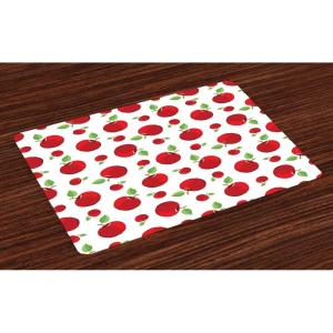 Ambesonne Fruits Place Mats Set of 4, Warm Colored Cartoon Style Red Apples Taste Food Garden Summer Eats, Washable Fabric Placemats for Dining Table, Standard Size, White Green and Dark Pink