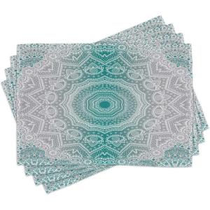 Ambesonne Grey and Teal Place Mats Set of 4, Mandala Ombre Colored Style Geometry Pattern with Flower Lines Display Art, Washable Fabric Placemats for Dining Table, Standard Size, Teal and Grey