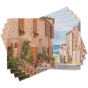 Ambesonne Mediterranean Place Mats Set of 4, Medieval Old Town in Tuscany Mediterranean Historic Culture Village Town Stone Photo, Washable Fabric Placemats for Dining Table, Standard Size, Tan