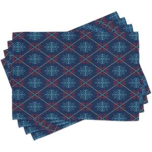 Ambesonne Nordic Place Mats Set of 4, Checkered Pattern with Vintage Snowflake Motifs Norwegian Traditional Xmas, Washable Fabric Placemats for Dining Table, Standard Size, Scarlet Beige