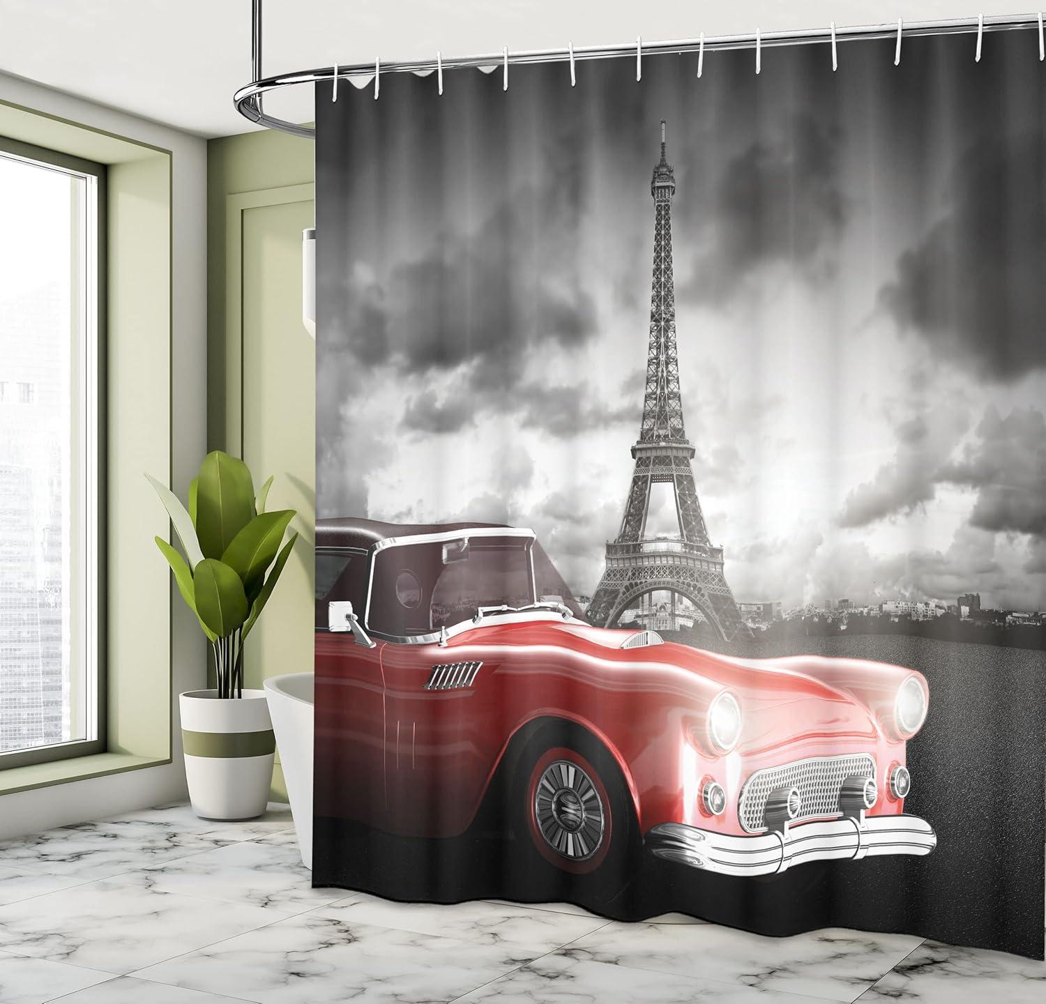 imageAmbesonne Paris Shower Curtain Vintage Car Tour Eiffel in Cold Cloudy Day Romantic Theme Retro Style Art Cloth Fabric Bathroom Decor Set with Hooks 69 W x 70 L Grey Red