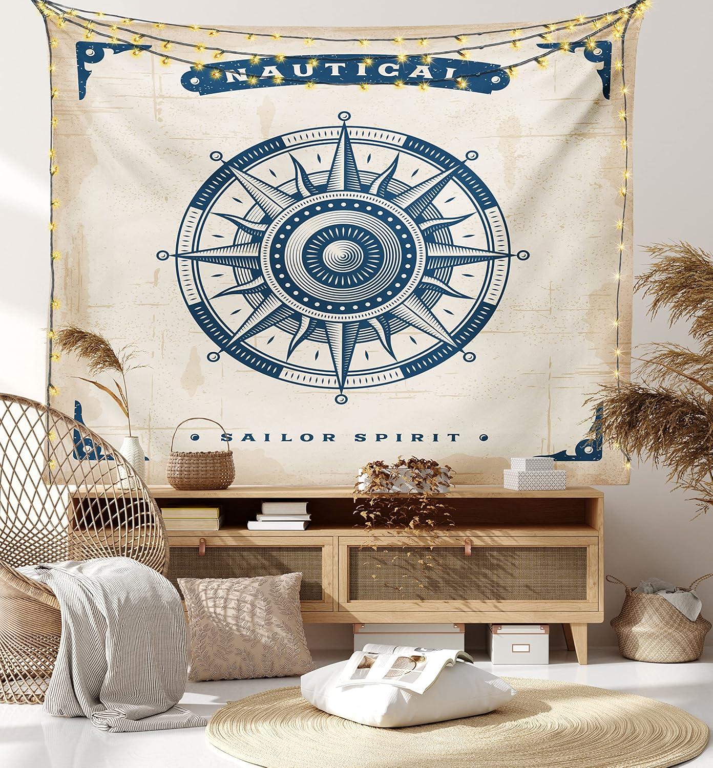 imageAmbesonne Compass Tapestry Compass Illustration with Lettering Nautical Ocean Adventure Themed Print Wide Wall Hanging for Bedroom Living Room Dorm 60 X 40 Night Blue BeigeNight Blue Beige