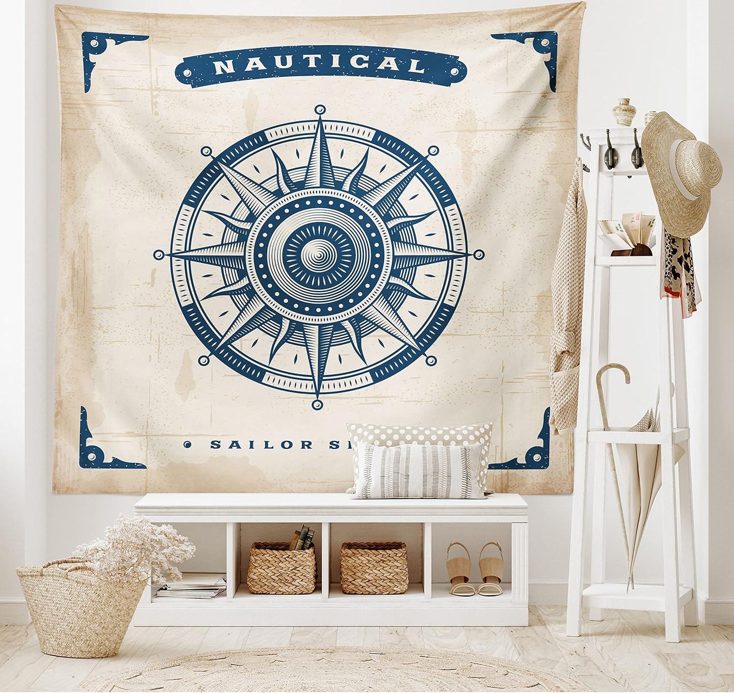 imageAmbesonne Compass Tapestry Compass Illustration with Lettering Nautical Ocean Adventure Themed Print Wide Wall Hanging for Bedroom Living Room Dorm 60 X 40 Night Blue BeigeNight Blue Beige