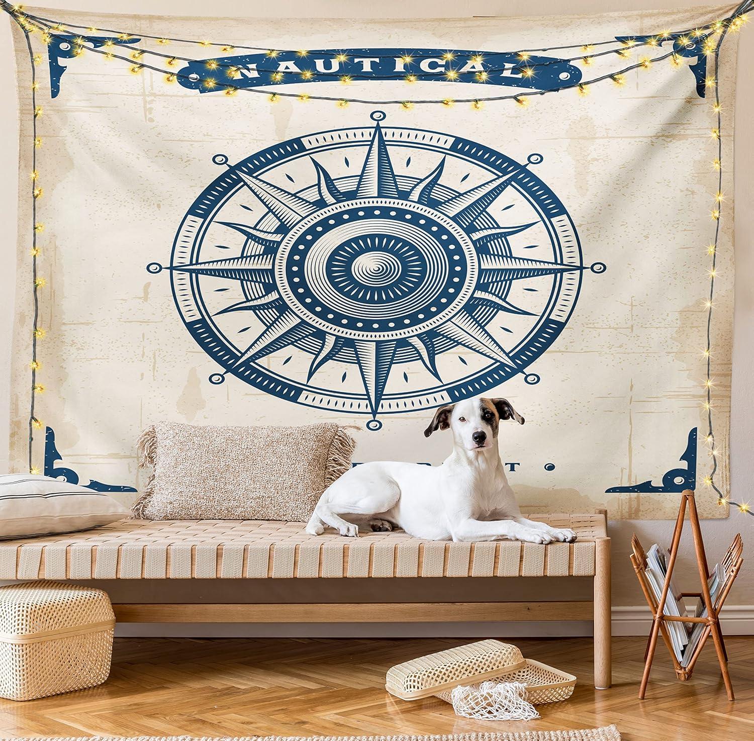 imageAmbesonne Compass Tapestry Compass Illustration with Lettering Nautical Ocean Adventure Themed Print Wide Wall Hanging for Bedroom Living Room Dorm 60 X 40 Night Blue BeigeNight Blue Beige