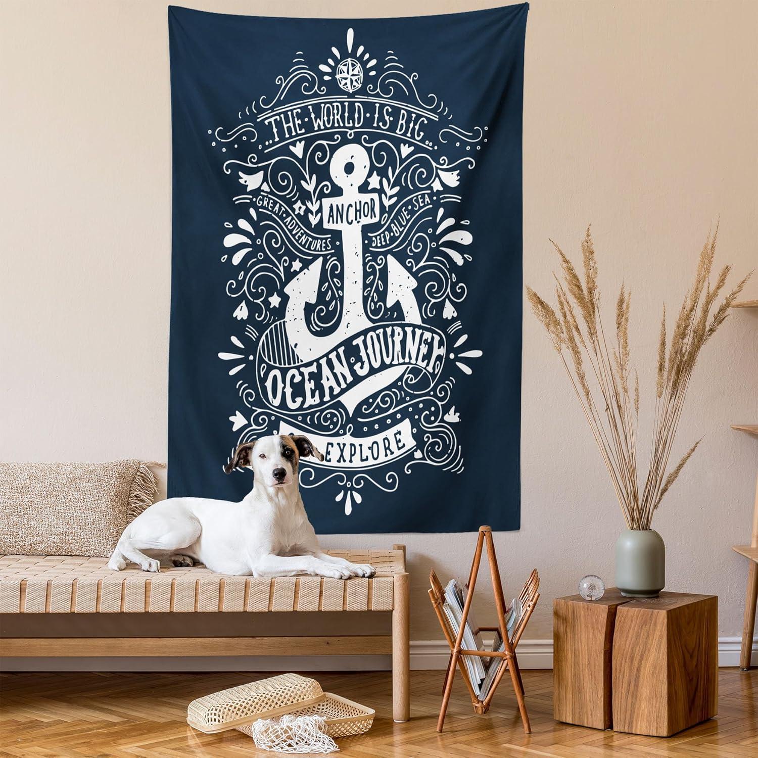 imageAmbesonne Compass Tapestry Compass Illustration with Lettering Nautical Ocean Adventure Themed Print Wide Wall Hanging for Bedroom Living Room Dorm 60 X 40 Night Blue BeigeBlue