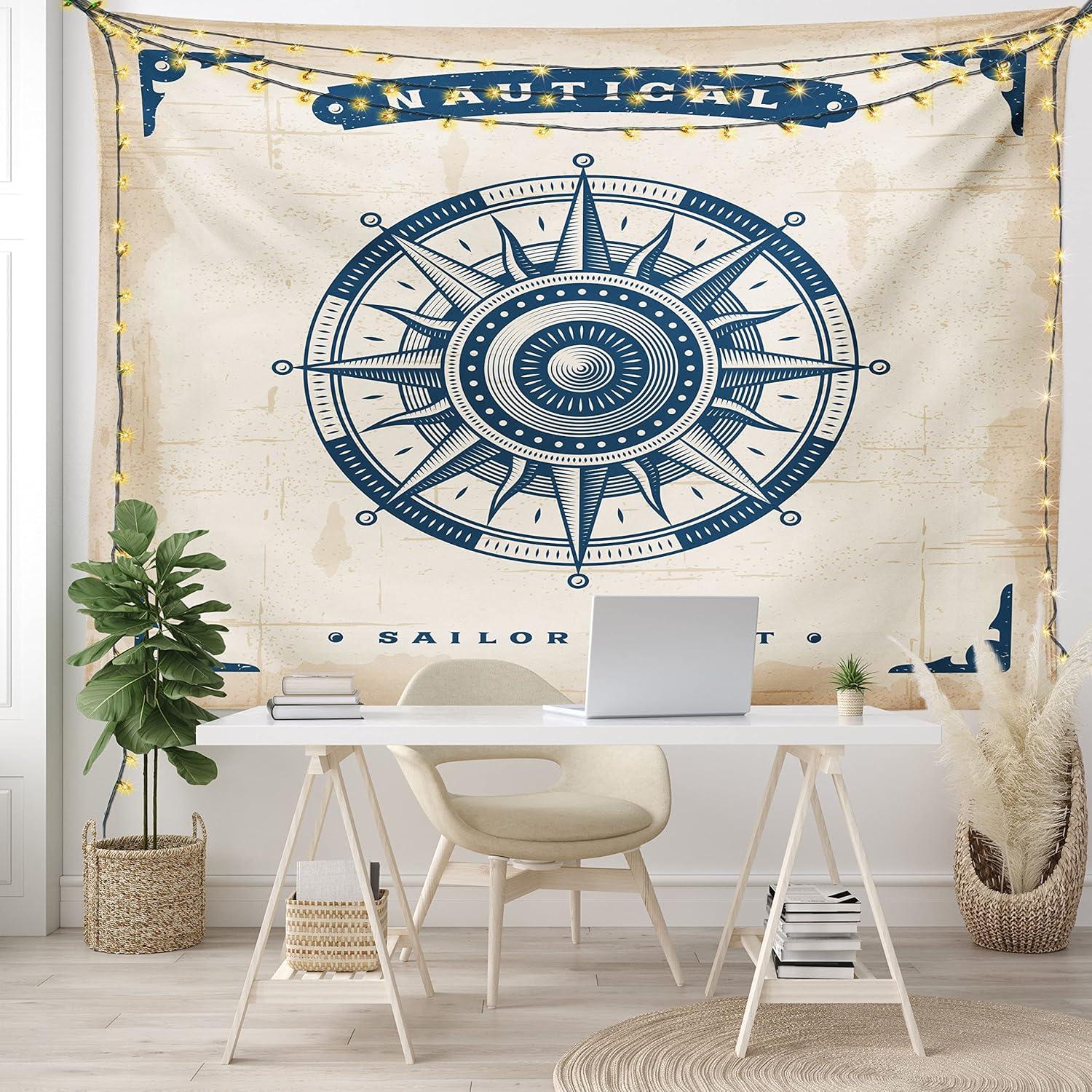imageAmbesonne Compass Tapestry Compass Illustration with Lettering Nautical Ocean Adventure Themed Print Wide Wall Hanging for Bedroom Living Room Dorm 60 X 40 Night Blue BeigeNight Blue Beige