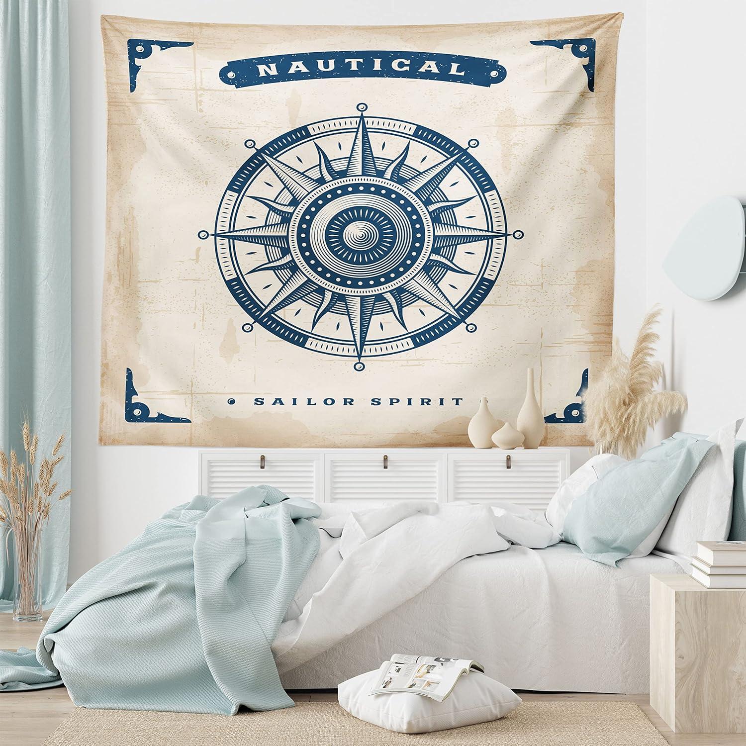 imageAmbesonne Compass Tapestry Compass Illustration with Lettering Nautical Ocean Adventure Themed Print Wide Wall Hanging for Bedroom Living Room Dorm 60 X 40 Night Blue BeigeNight Blue Beige