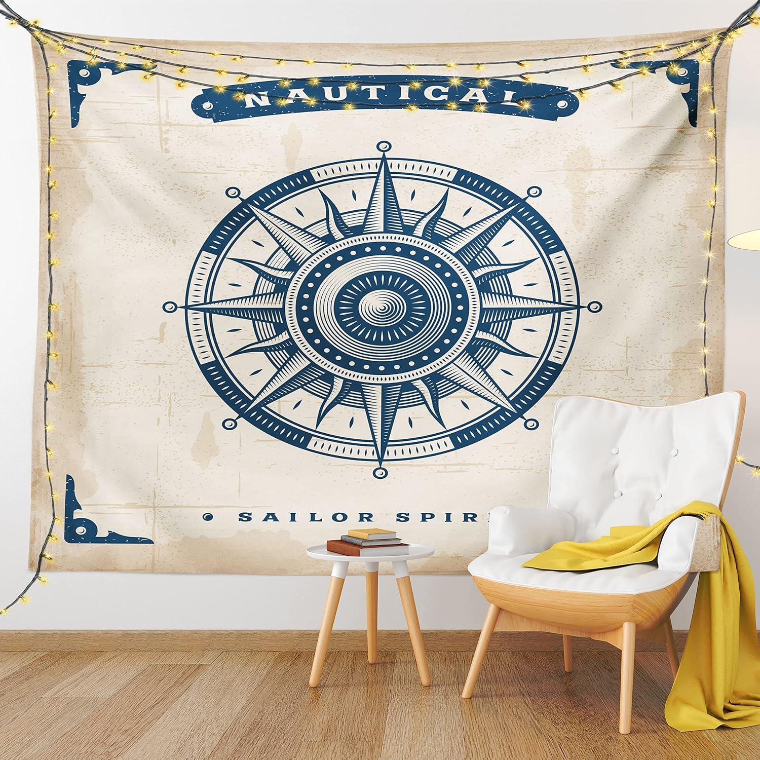imageAmbesonne Compass Tapestry Compass Illustration with Lettering Nautical Ocean Adventure Themed Print Wide Wall Hanging for Bedroom Living Room Dorm 60 X 40 Night Blue BeigeNight Blue Beige