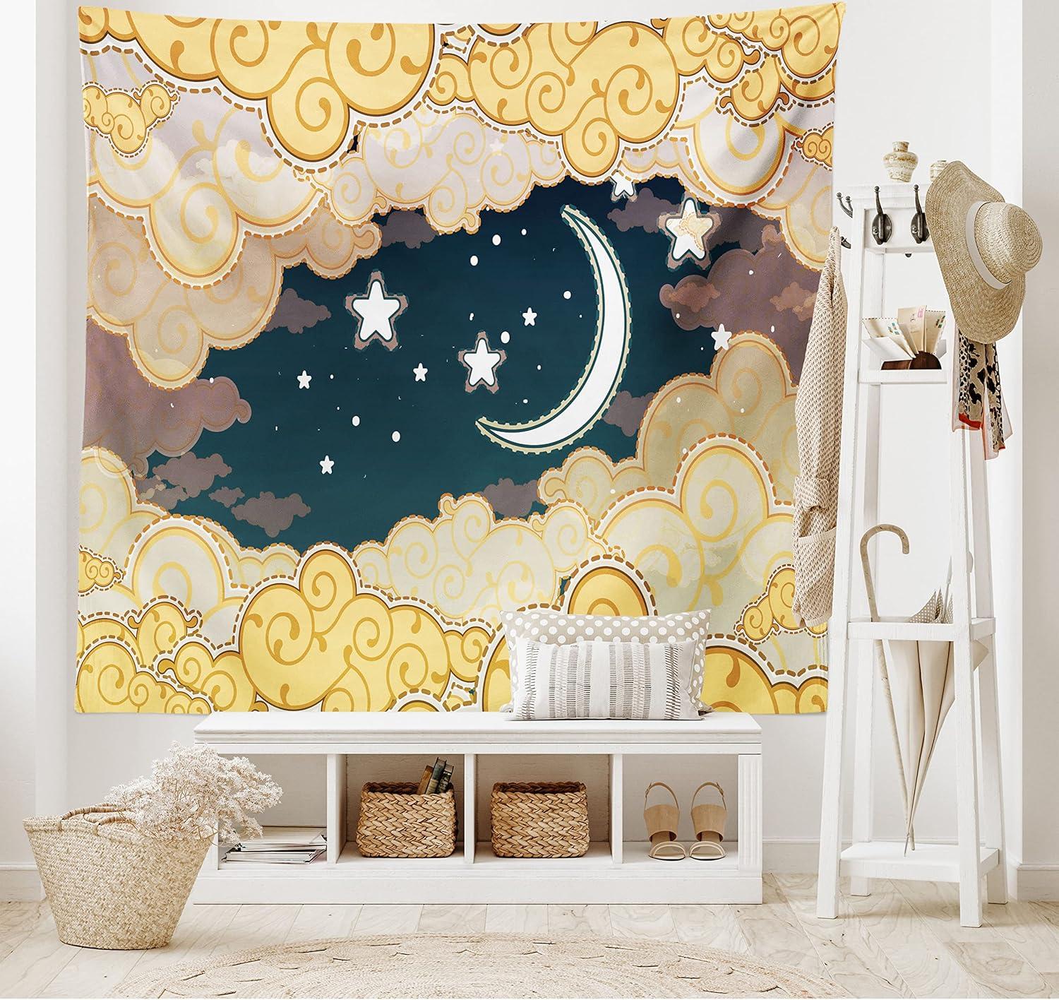 imageAmbesonne Fantasy Tapestry Cartoon Style Night Sky Clouds Half Moon Cloudscape Print Wide Wall Hanging for Bedroom Living Room Dorm 60 X 40 Yellow Beige WhiteYellow Beige White