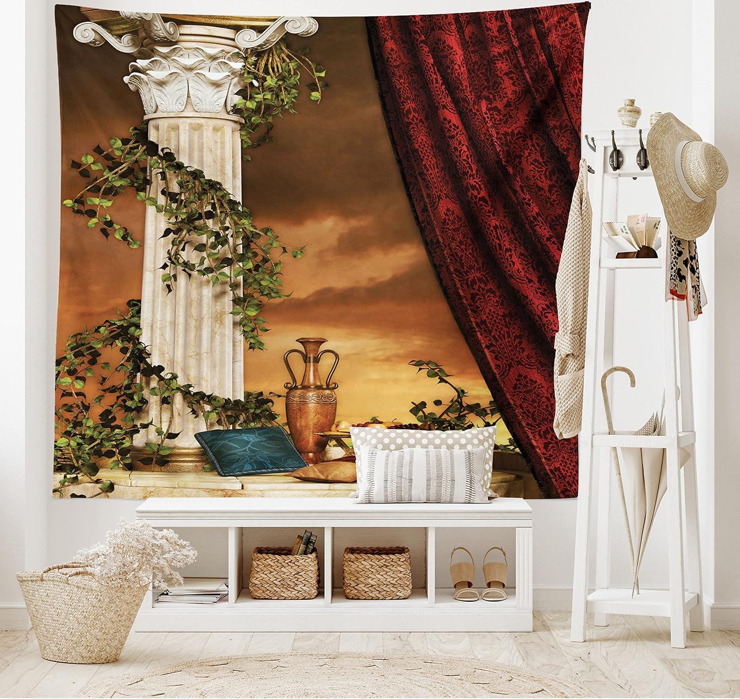 imageAmbesonne Gothic Tapestry Greek Style Scene Climber Pillow Fruits Vine and Red Curtain Sunset Wide Wall Hanging for Bedroom Living Room Dorm 80 X 60 Orange Red