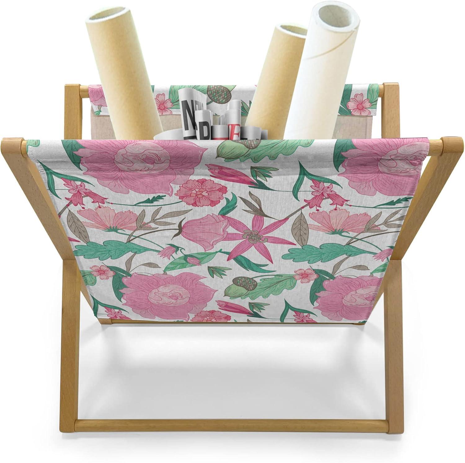 imageAmbesonne Romantic Magazine and Book Holder Repeating Love Theme with Roses and Little Hearts Valentines Day Decorative Floor Rack Organizer for Living Room 22x19 Rose CoralPink and Jade Green