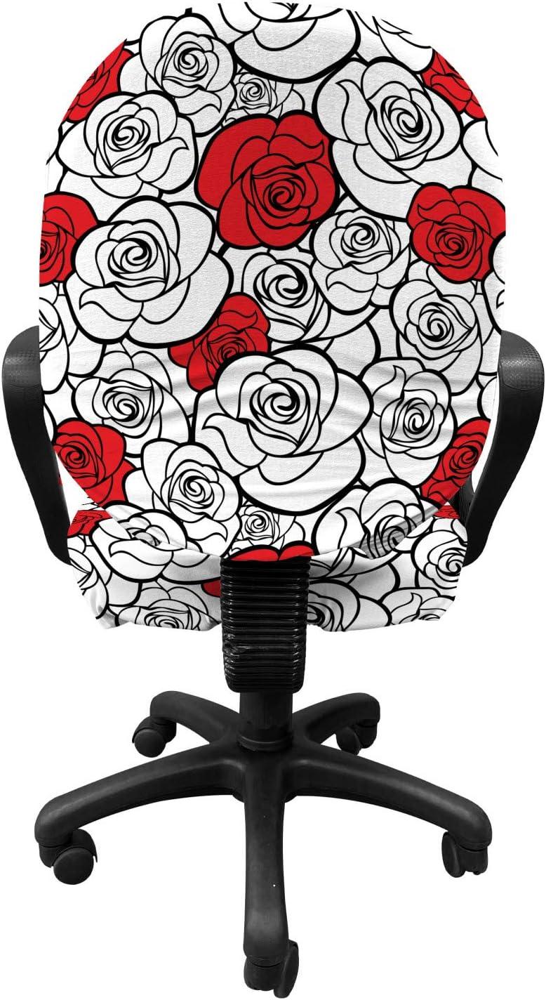 imageAmbesonne Romantic Office Chair Slipcover Roses Simplicity Love Blossoms Valentines Day Print Protective Stretch Decorative Fabric Cover Vermilion Black White