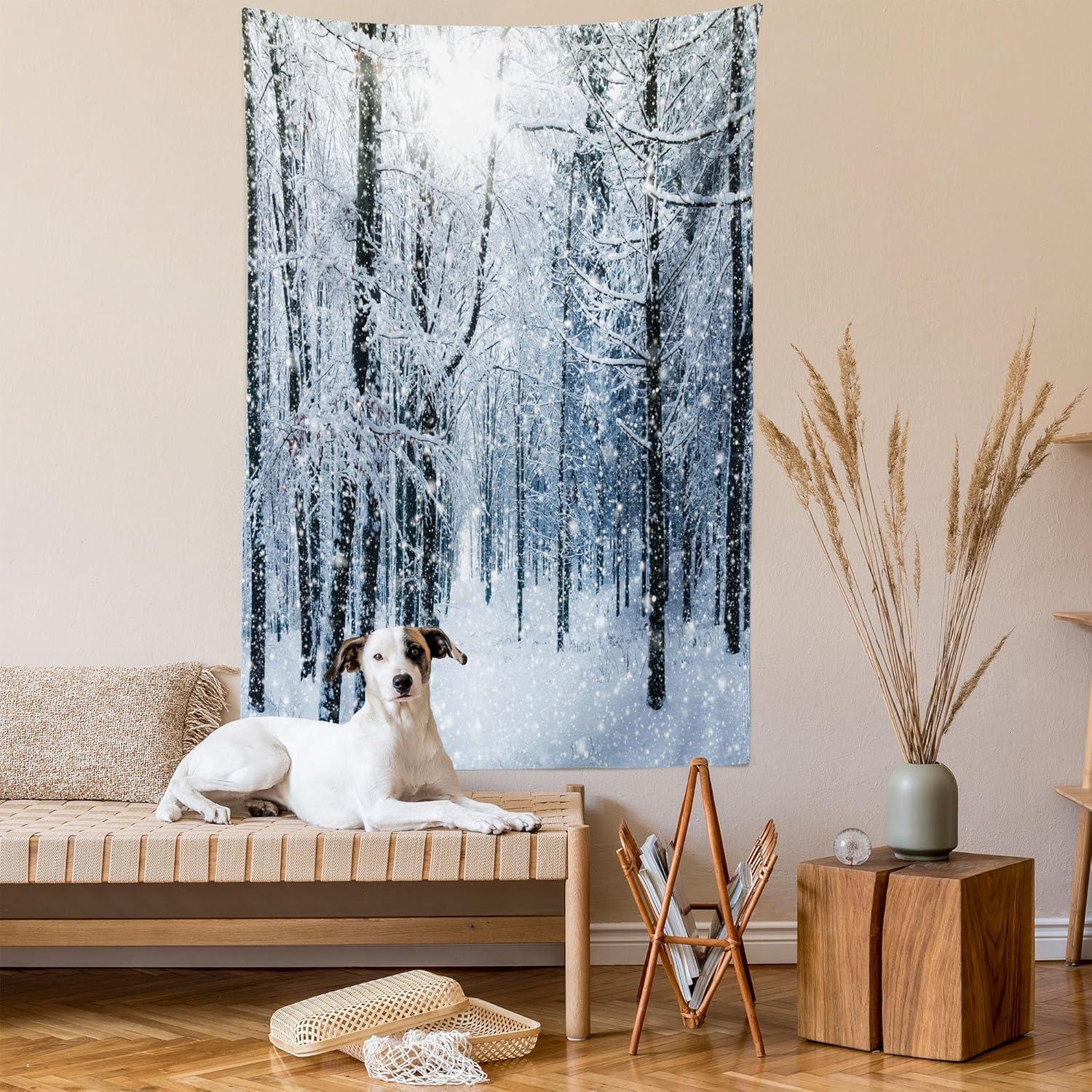 imageAmbesonne Winter Tapestry Snow Covered Forest Idyllic Early Morning Scenery Seasonal Xmas Nature Wall Hanging for Bedroom Living Room Dorm Decor 60 X 80 Black White Slate Blue