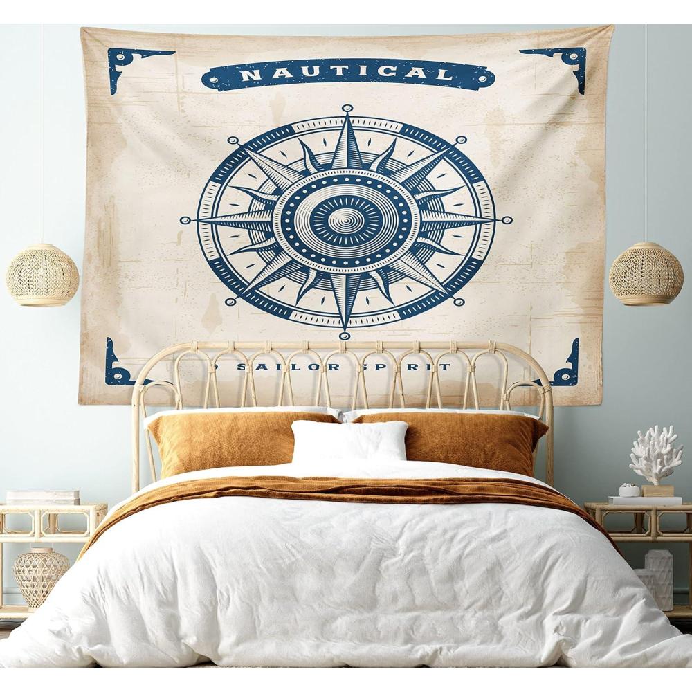 imageAmbesonne Compass Tapestry Compass Illustration with Lettering Nautical Ocean Adventure Themed Print Wide Wall Hanging for Bedroom Living Room Dorm 60 X 40 Night Blue BeigeNight Blue Beige