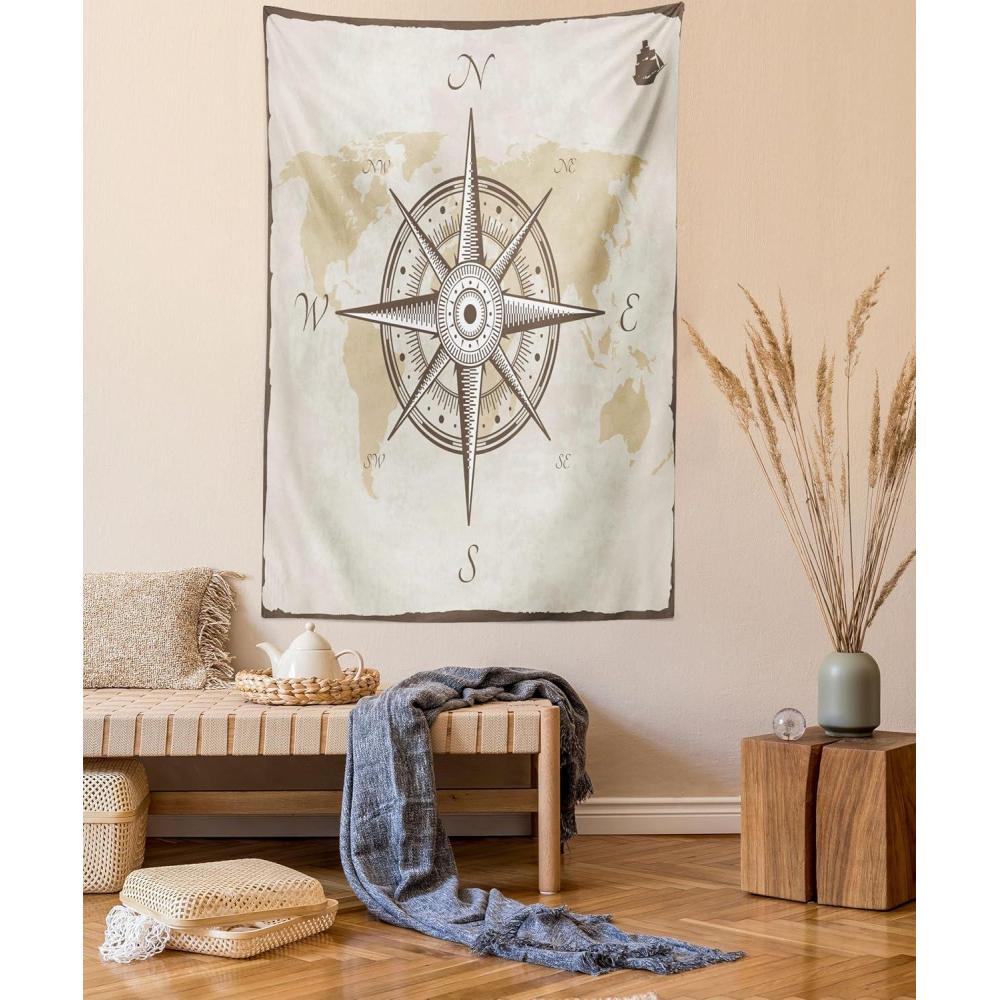 imageAmbesonne Compass Tapestry Compass Illustration with Lettering Nautical Ocean Adventure Themed Print Wide Wall Hanging for Bedroom Living Room Dorm 60 X 40 Night Blue BeigeEvergreen White