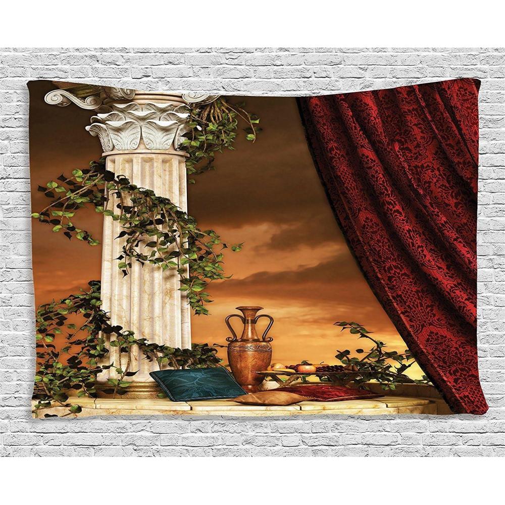imageAmbesonne Gothic Tapestry Greek Style Scene Climber Pillow Fruits Vine and Red Curtain Sunset Wide Wall Hanging for Bedroom Living Room Dorm 80 X 60 Orange Red