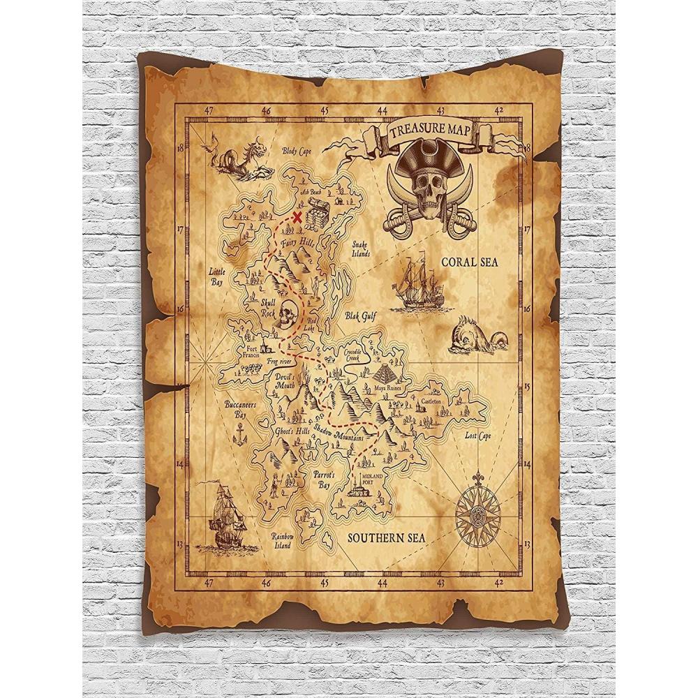 imageAmbesonne Island Map Tapestry Super Detailed Treasure Map Grungy Rustic Pirates Gold Secret Sea History Theme Wall Hanging for Bedroom Living Room Dorm Decor 40 X 60 Beige Brown