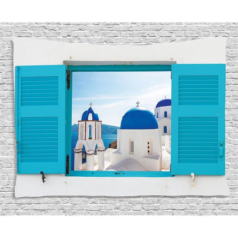 imageAmbesonne Landscape Tapestry Window View of Classical Building Domes Oia Santorini Greece Travel Wide Wall Hanging for Bedroom Living Room Dorm 60 X 40 Aqua