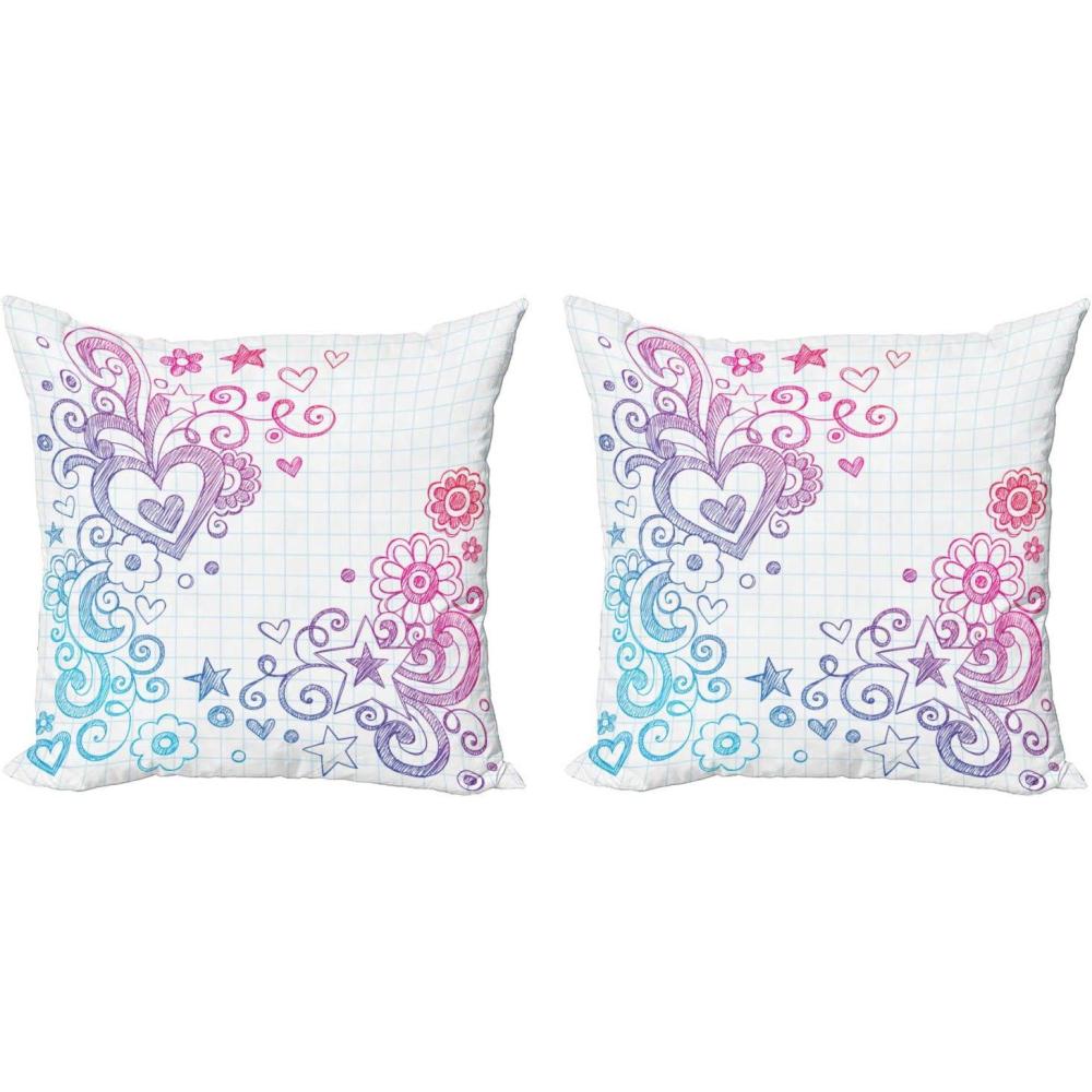 imageAmbesonne Love Decorative Throw Pillow Case Pack of 2 Cheerful Valentines Day Themed Swirled Sketch on Checkered Notebook Backdrop Couch Bedroom Living Room Cushion Cover 24 Pink Purple Blue18