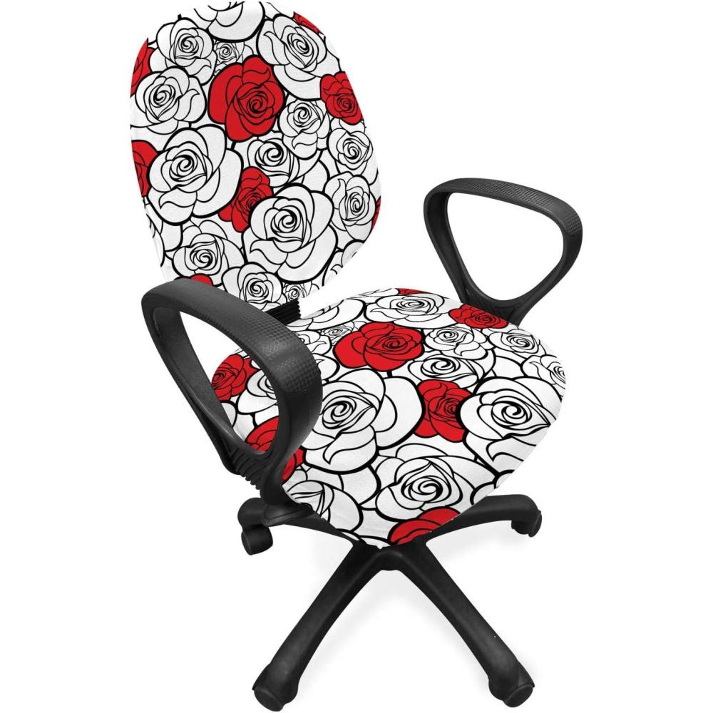imageAmbesonne Romantic Office Chair Slipcover Roses Simplicity Love Blossoms Valentines Day Print Protective Stretch Decorative Fabric Cover Vermilion Black White