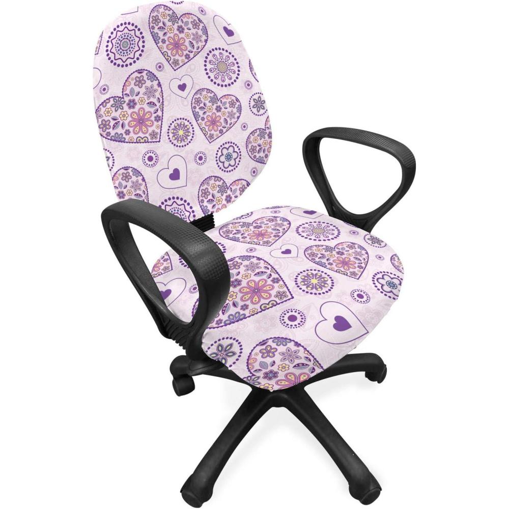 imageAmbesonne Valentines Office Chair Slipcover Heart Outlines Filled with Spring Inspired Flower Motifs Protective Stretch Decorative Fabric Cover Pale Pink Purple Yellow