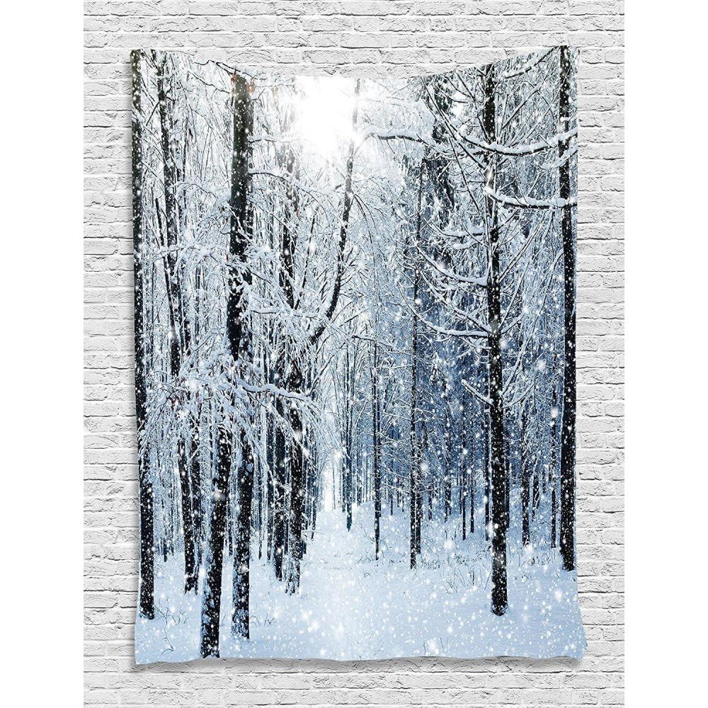 imageAmbesonne Winter Tapestry Snow Covered Forest Idyllic Early Morning Scenery Seasonal Xmas Nature Wall Hanging for Bedroom Living Room Dorm Decor 60 X 80 Black White Slate Blue