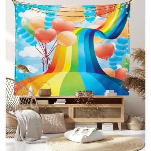 Ambesonne Cartoon Tapestry, Rainbow Sky with Balloons Hearts Colors Romantic Love Valentines Day Spring Theme, Fabric Wall Hanging Decor for Bedroom Living Room Dorm, 45″ X 30″, Blue Coral