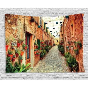 Ambesonne European Tapestry, Spanish Alley Rock Houses and Plants Latin Tourism Scene Mediterranean Print, Wide Wall Hanging for Bedroom Living Room Dorm, 80″ X 60″, Cream Green