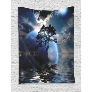 Ambesonne Fantasy Tapestry, Cartoon Style Night Sky Clouds Half Moon Cloudscape Print, Wide Wall Hanging for Bedroom Living Room Dorm, 60″ X 40″, Yellow Beige White(Navy)