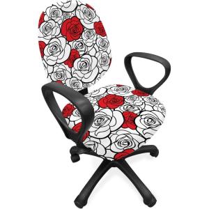 Ambesonne Romantic Office Chair Slipcover, Roses Simplicity Love Blossoms Valentines Day Print, Protective Stretch Decorative Fabric Cover, Vermilion Black White