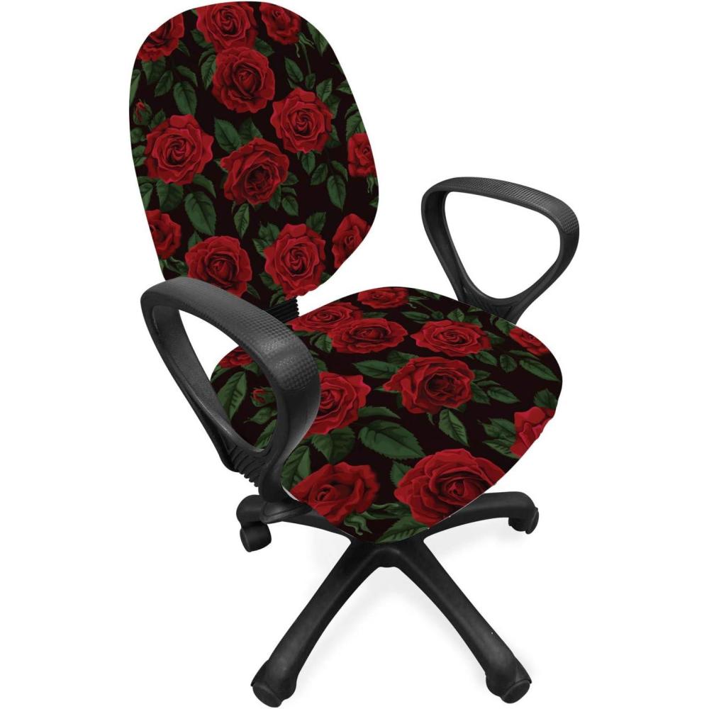 imageAmbesonne Rose Office Chair Slipcover Valentines Day Retro Style Petals with Leaves Ornamental Growth Pattern Protective Stretch Decorative Fabric Cover Ruby Hunter Green Black