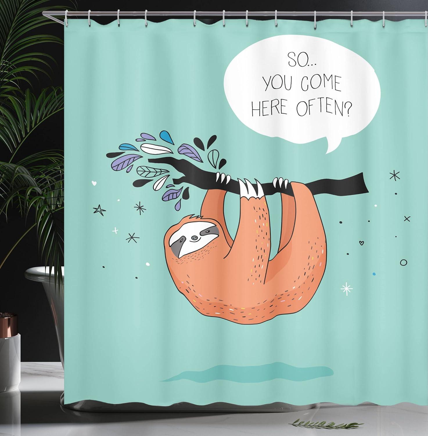 imageAmbesonne Animal Shower Curtain Cartoon Design Print Sloth a Flirty Words So You Come Here Often Color Image Cloth Fabric Bathroom Decor Set with Hooks 69 W x 75 L Seafoam Multicolor