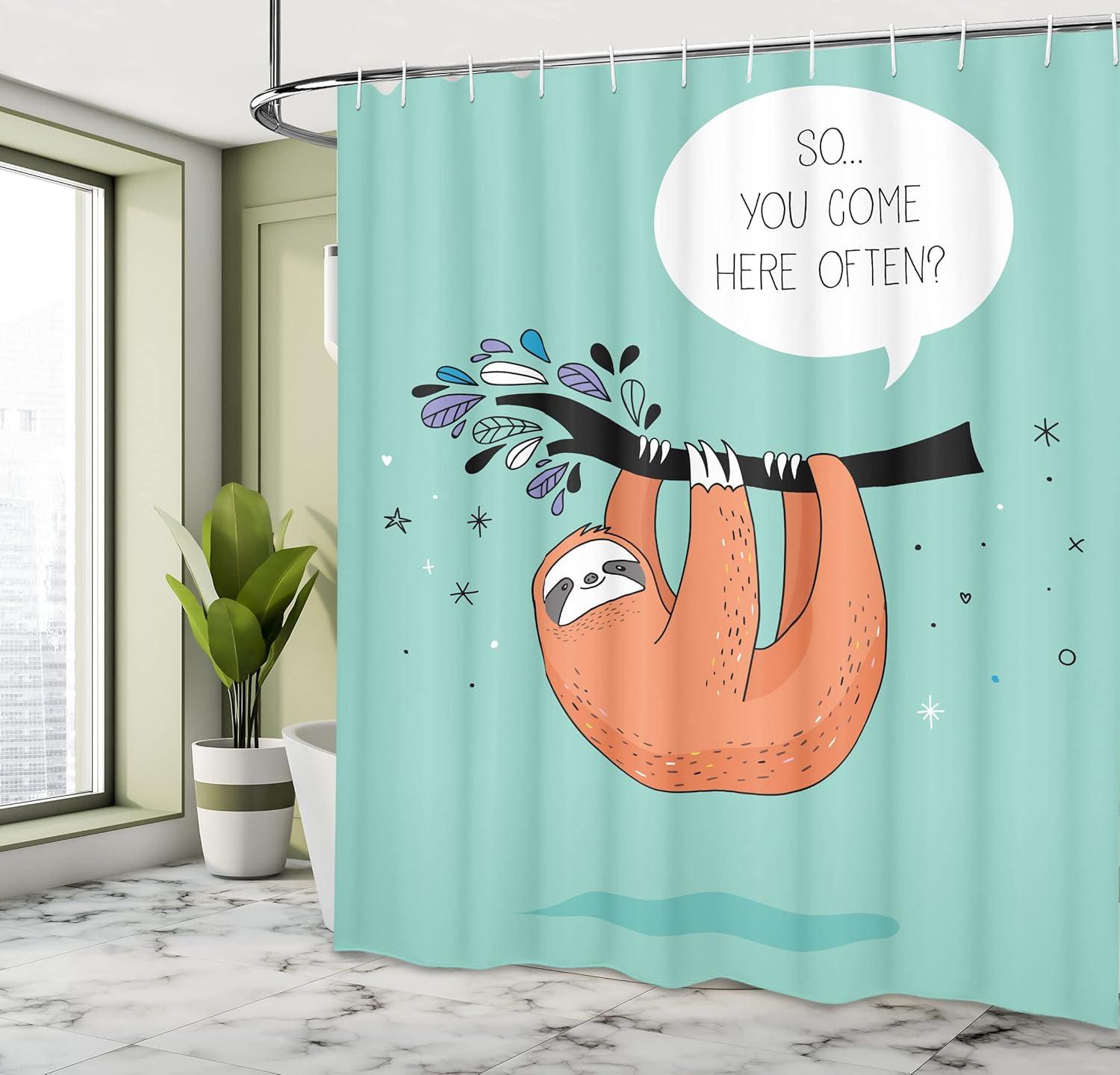 imageAmbesonne Animal Shower Curtain Cartoon Design Print Sloth a Flirty Words So You Come Here Often Color Image Cloth Fabric Bathroom Decor Set with Hooks 69 W x 75 L Seafoam Multicolor