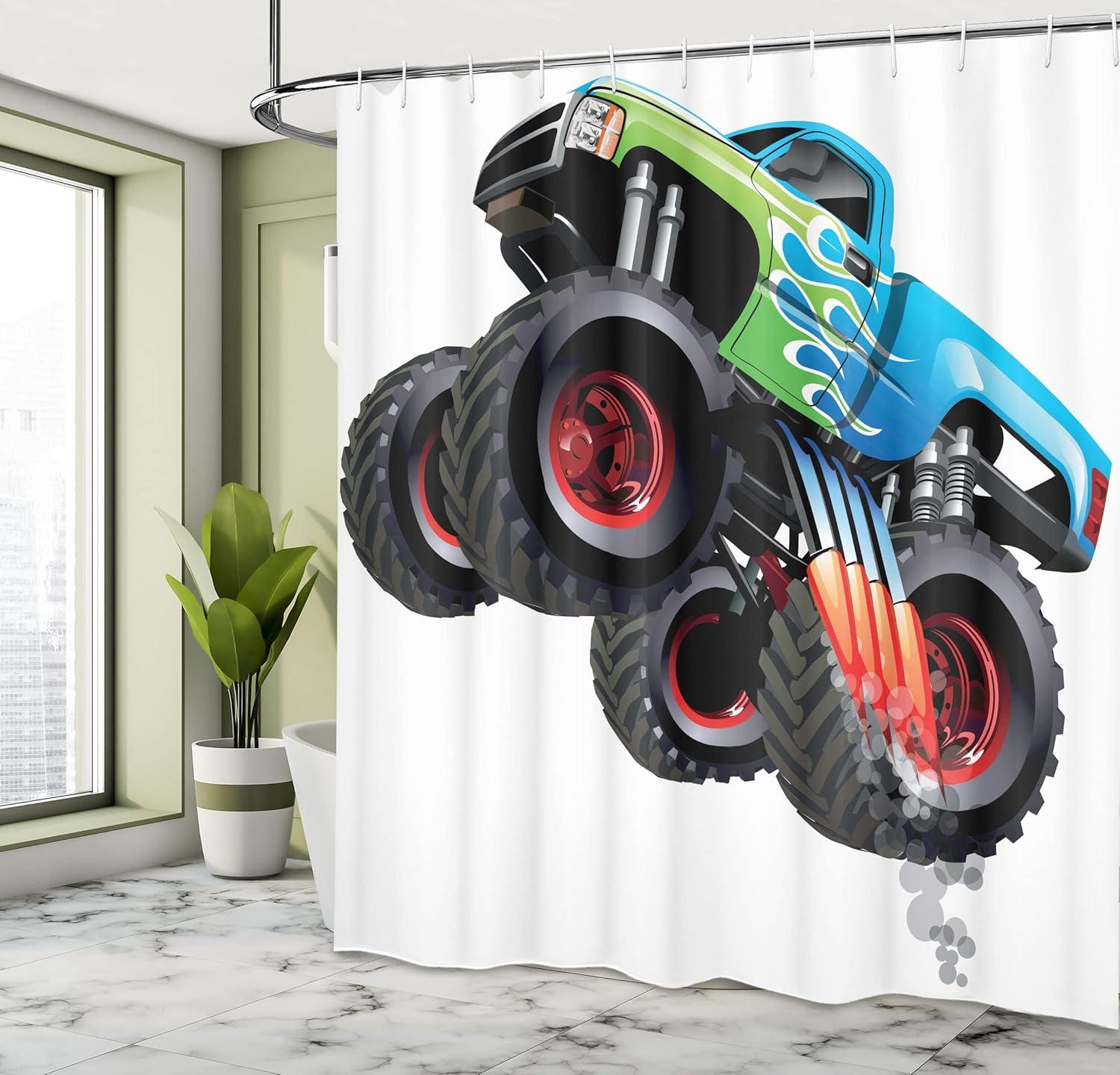 imageAmbesonne Cars Shower Curtain Cartoon Monster Truck Cool Vehicle Modified to The Perfection Colorful Design Cloth Fabric Bathroom Decor Set with Hooks 69 W x 70 L Aqua Green Black