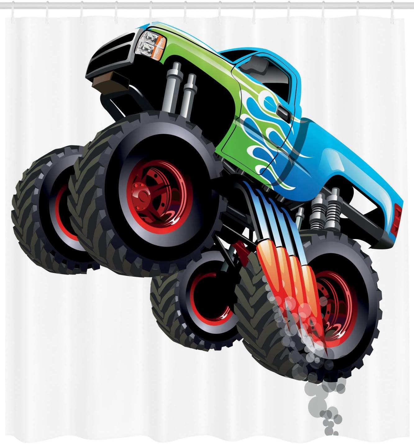 imageAmbesonne Cars Shower Curtain Cartoon Monster Truck Cool Vehicle Modified to The Perfection Colorful Design Cloth Fabric Bathroom Decor Set with Hooks 69 W x 70 L Aqua Green Black