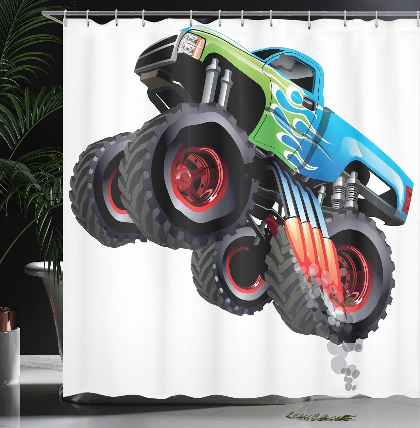 imageAmbesonne Cars Shower Curtain Cartoon Monster Truck Cool Vehicle Modified to The Perfection Colorful Design Cloth Fabric Bathroom Decor Set with Hooks 69 W x 70 L Aqua Green Black