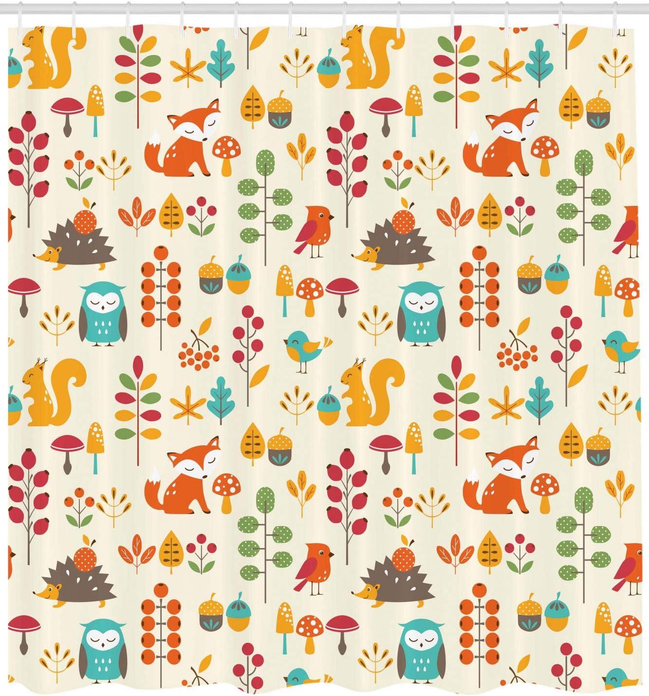 imageAmbesonne Cartoon Shower Curtain Autumn Pattern Owl Fox Squirrel Birds Animal Leaves Print Cloth Fabric Bathroom Decor Set with Hooks 69 W x 75 L Cream Multicolor