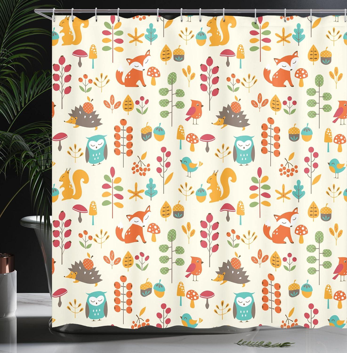 imageAmbesonne Cartoon Shower Curtain Autumn Pattern Owl Fox Squirrel Birds Animal Leaves Print Cloth Fabric Bathroom Decor Set with Hooks 69 W x 75 L Cream Multicolor