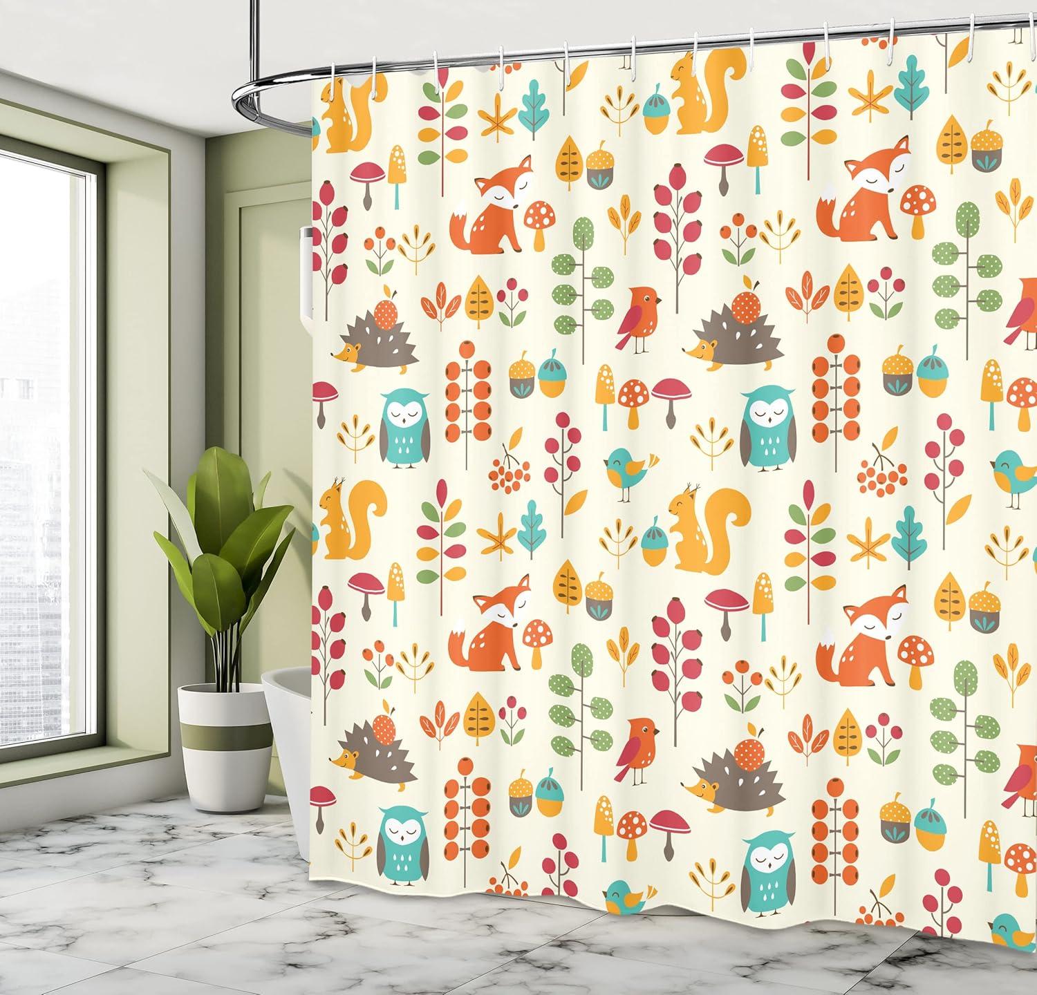 imageAmbesonne Cartoon Shower Curtain Autumn Pattern Owl Fox Squirrel Birds Animal Leaves Print Cloth Fabric Bathroom Decor Set with Hooks 69 W x 75 L Cream Multicolor