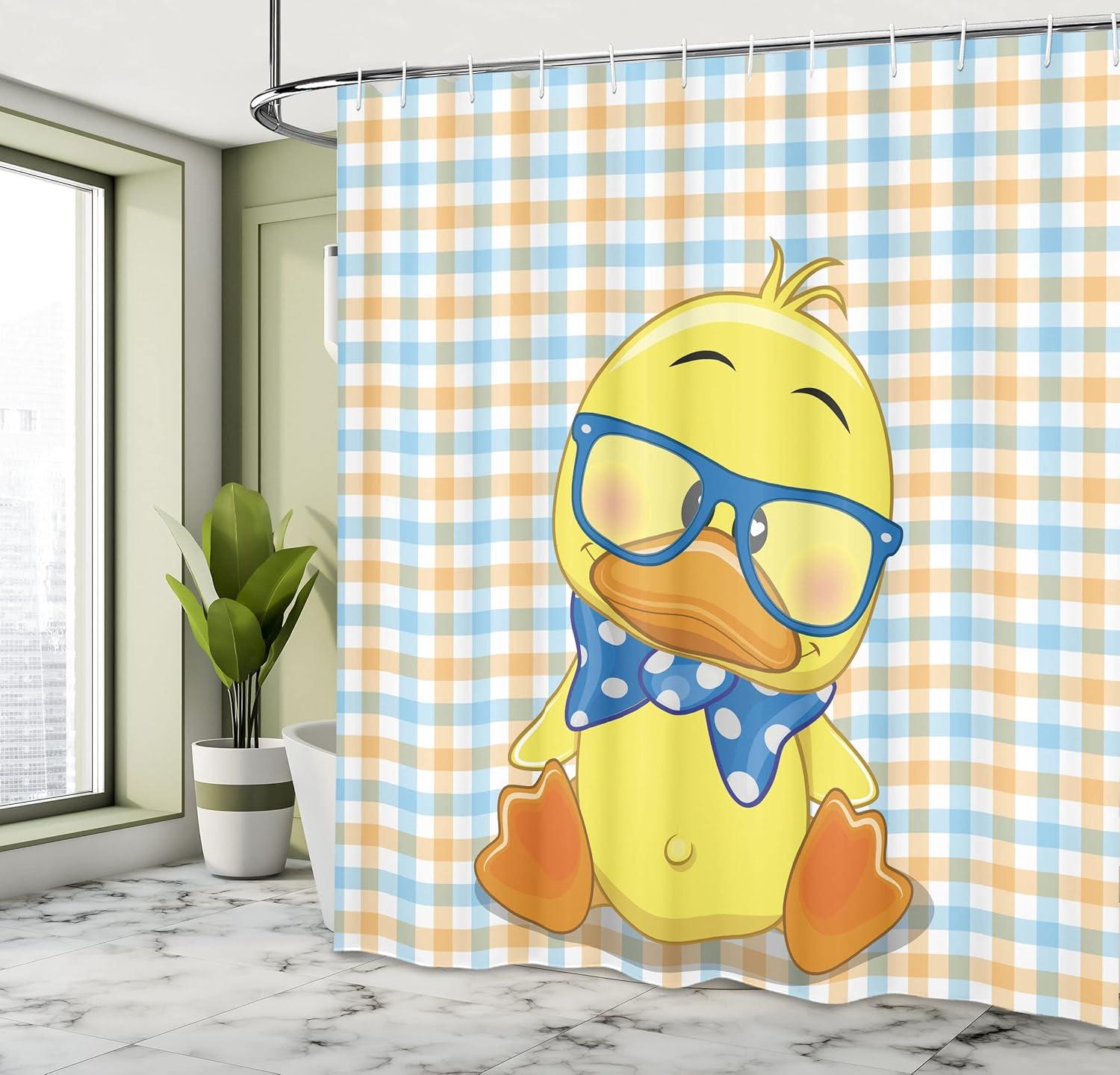 imageAmbesonne Cartoon Shower Curtain Hipster Boho Duck Dotted Bow Cool Free Smart Geese Design Cloth Fabric Bathroom Decor Set with Hooks 69 W x 70 L Orange Yellow Blue