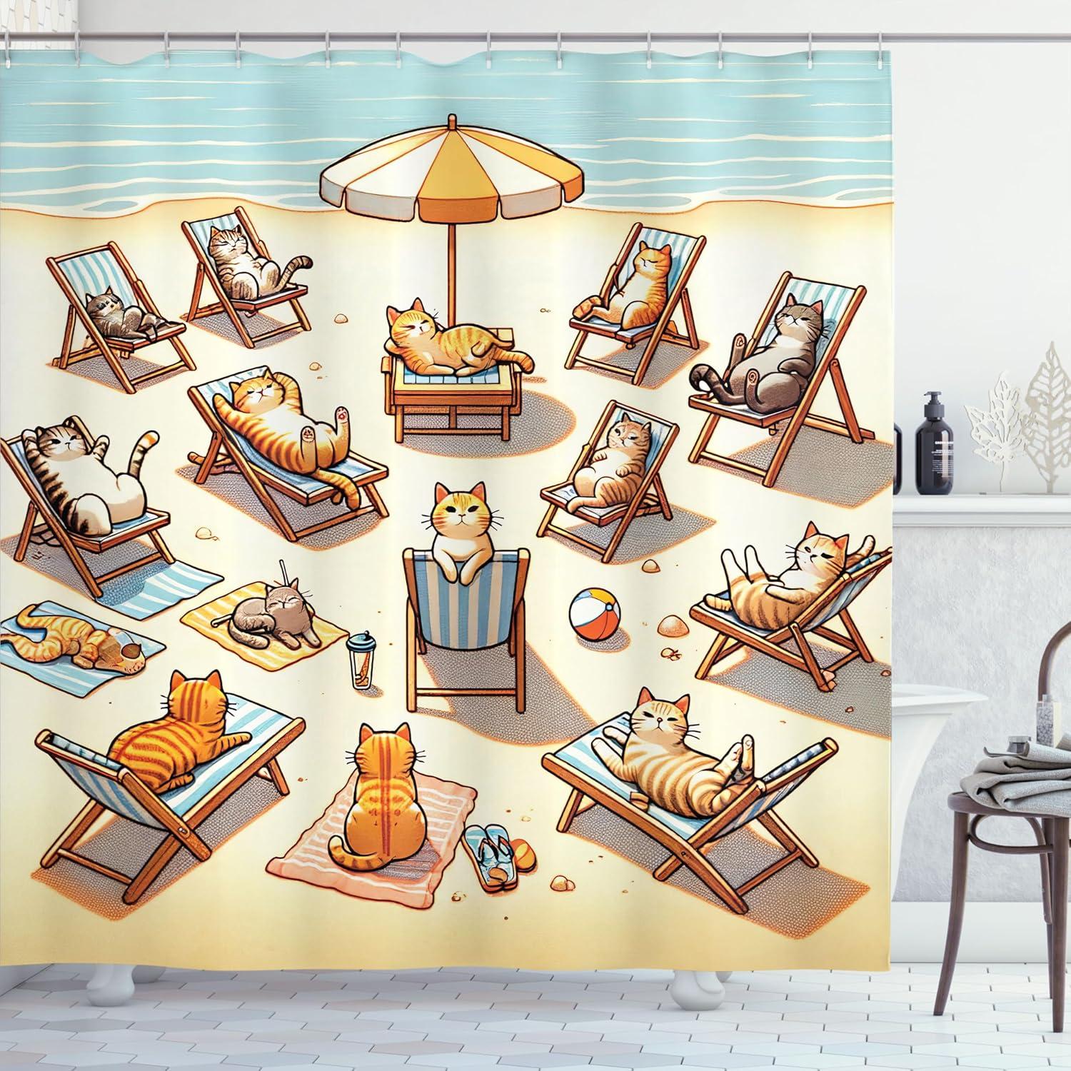 imageAmbesonne Cat Shower Curtain Summer Time Fun Cartoon Sandy Beach Scene with Happy Kittens in Sun Beds Cloth Fabric Bathroom Decor Set with Hooks 69 W x 70 L Beige Orange Pale Blue