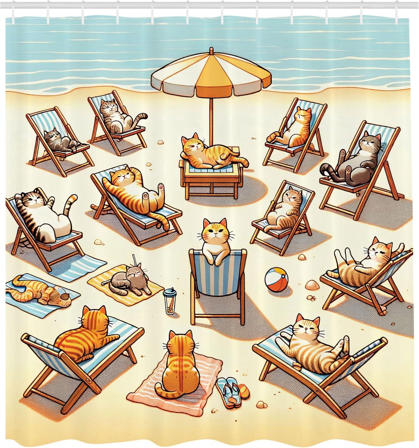 imageAmbesonne Cat Shower Curtain Summer Time Fun Cartoon Sandy Beach Scene with Happy Kittens in Sun Beds Cloth Fabric Bathroom Decor Set with Hooks 69 W x 70 L Beige Orange Pale Blue