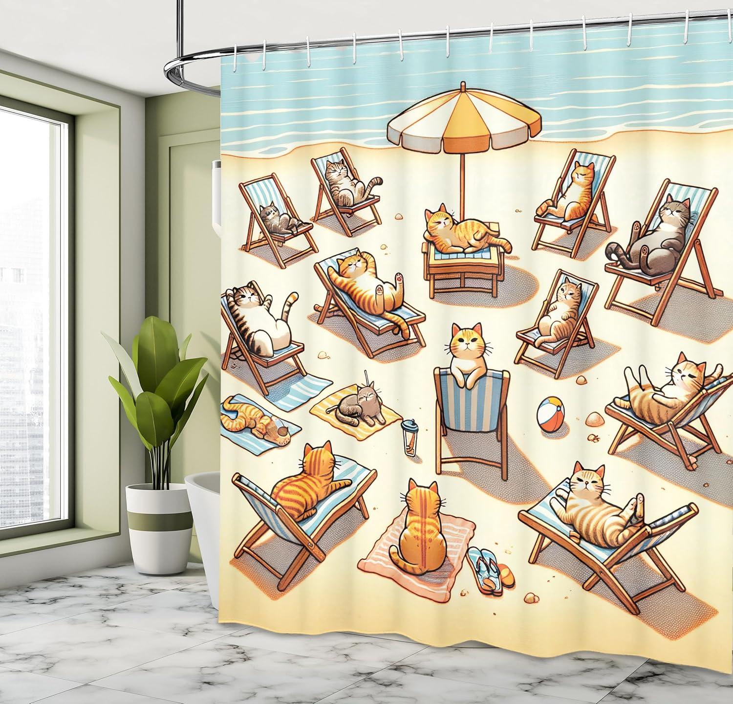 imageAmbesonne Cat Shower Curtain Summer Time Fun Cartoon Sandy Beach Scene with Happy Kittens in Sun Beds Cloth Fabric Bathroom Decor Set with Hooks 69 W x 70 L Beige Orange Pale Blue