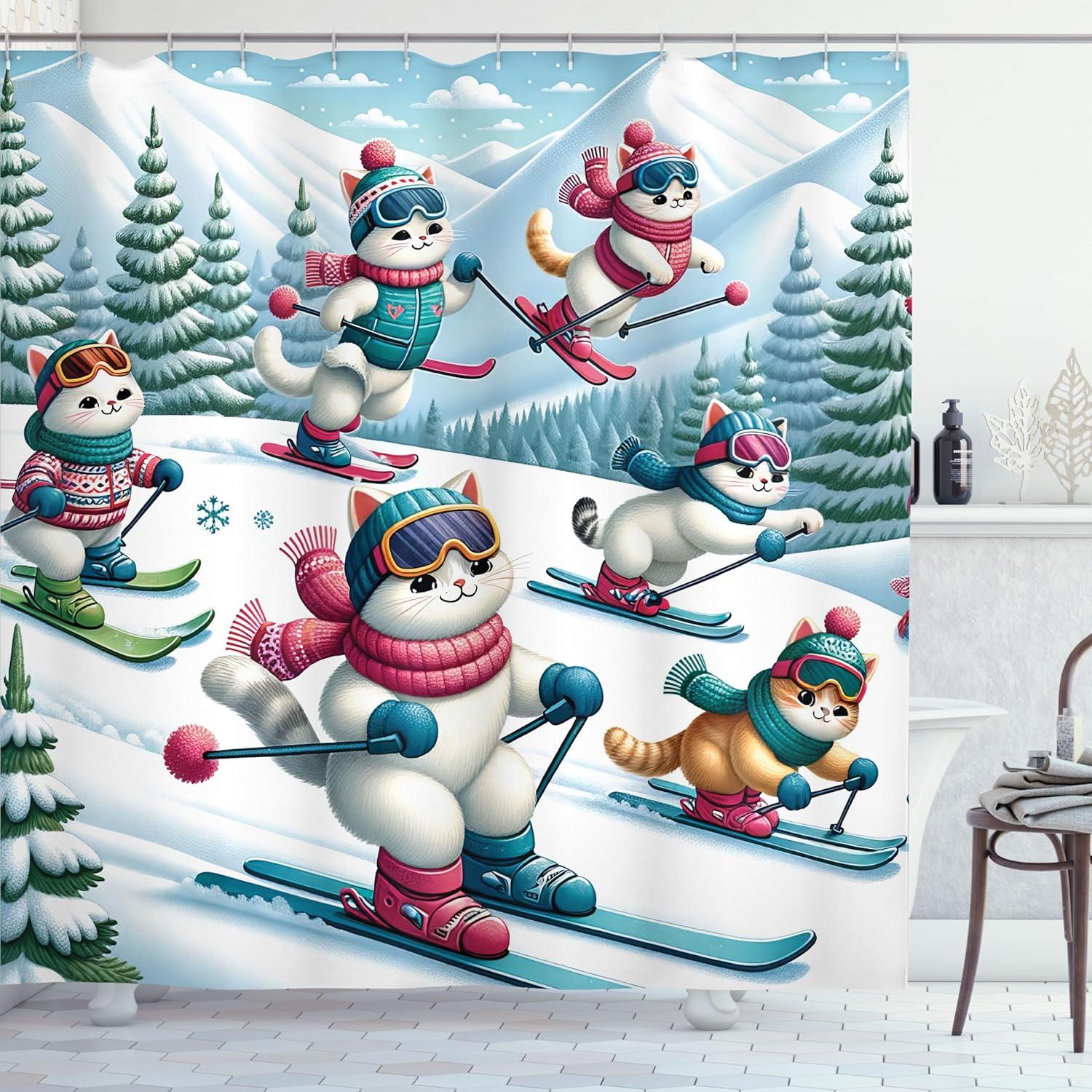 imageAmbesonne Cat Shower Curtain Winter Themed Cartoon of Skiing Kitty Friends Snowy Mountain Pine Trees Cloth Fabric Bathroom Decor Set with Hooks 69 W x 70 L Pale Blue Raspberry White