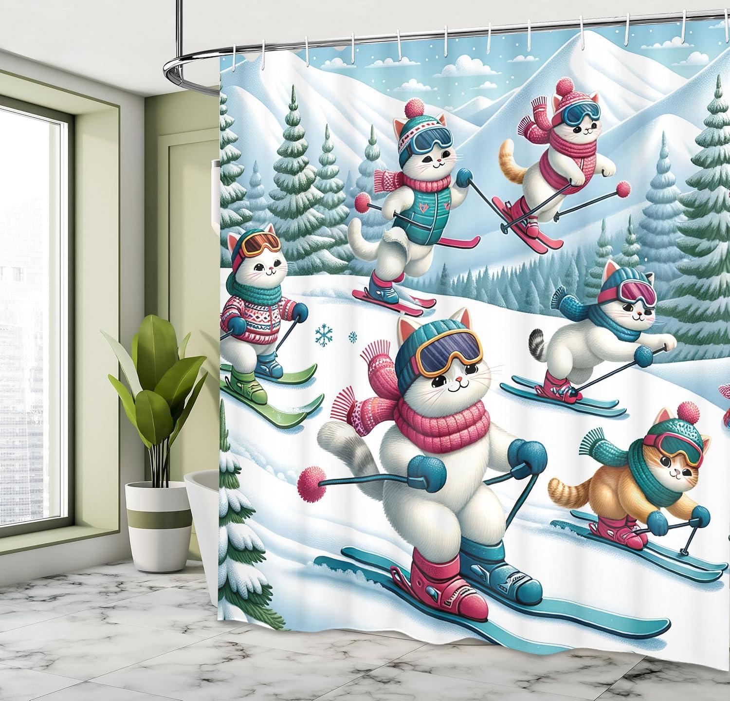 imageAmbesonne Cat Shower Curtain Winter Themed Cartoon of Skiing Kitty Friends Snowy Mountain Pine Trees Cloth Fabric Bathroom Decor Set with Hooks 69 W x 70 L Pale Blue Raspberry White